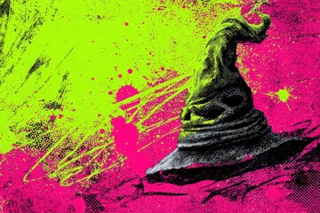 A stylized, vibrant depiction of a wizarding hat against a backdrop of bright pink and lime-green paint splatters.