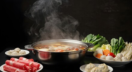 "Chinese hot pot with bubbling broth, steam clouds rising, fresh ingredients around, elegant composition, side perspective, dark background."