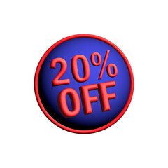 Bold 3D sale badge shows 20% off on a vivid blue circle with a red border, ideal for promotions, discounts, and advertising campaigns across retailers and e-commerce.