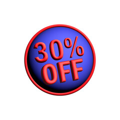 Bold 3D sale badge shows 30% off on a vivid blue circle with a red border, ideal for promotions, discounts, and advertising campaigns across retailers and e-commerce.