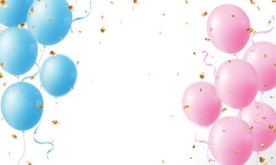 Blue and pink pastel balloons. celebrations banner with confetti	