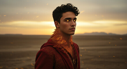 Young man with fiery hair and desert sunset background