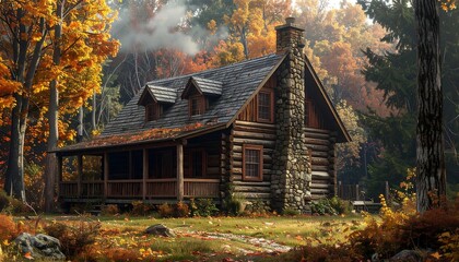 Autumn cabin in a misty forest (1)