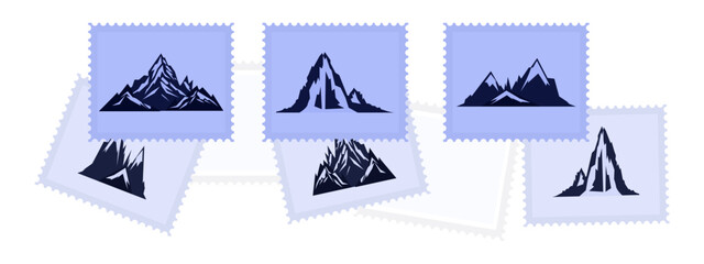 Philately hobby, postage stamps featuring mountains. A collection of paper stamps featuring mountain landscapes and cliffs. Minimalist art about nature. Stickers for postcards and letters. Vector.