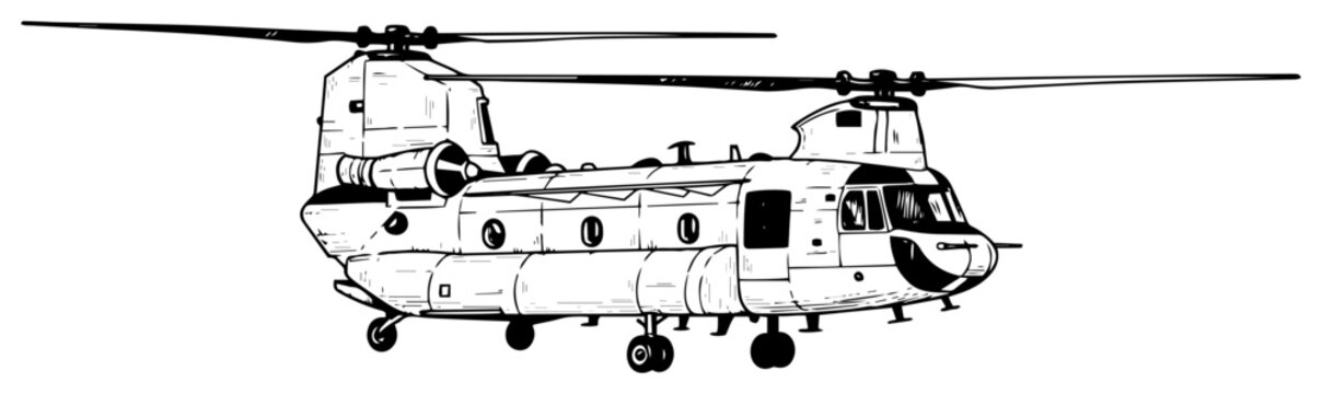 Military Transport Helicopter Hand Drawn Illustration