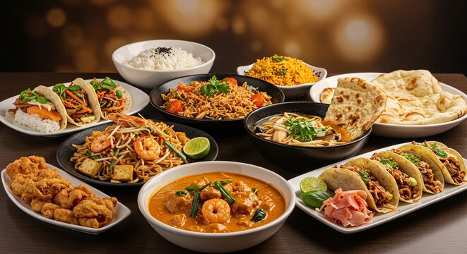 A lavish and colorful banquet of diverse Pan-Asian cuisine, showcasing a delicious variety of traditional dishes and modern fusion creations