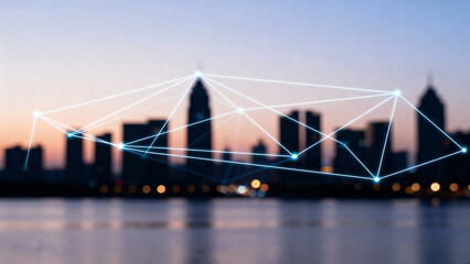 Fototapeta premium Cityscape with network lines at dusk