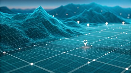 Digital Landscape with Mountains and Location Pins for Navigation and Exploration