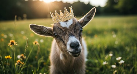 Goat wearing crown in a field illuminated by sunlight conceptual photography