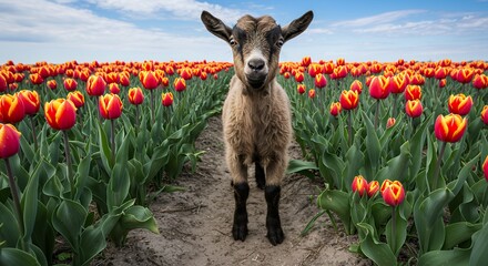Goat standing in a field of colorful tulip flowers outdoors under a blue sky