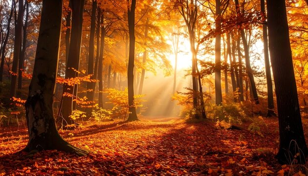 Autumn forest bathed in golden sunlight