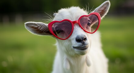 Goat with heart shaped glasses posing outdoors in natural sunlight