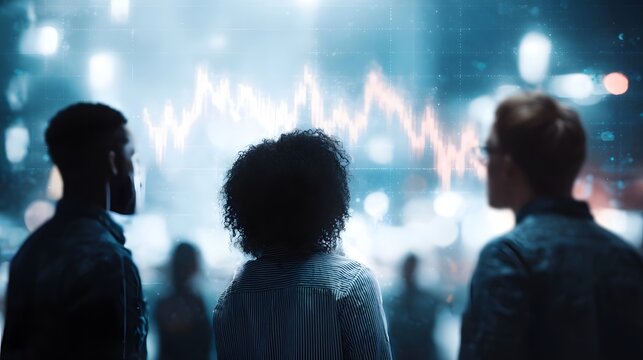A diverse business team analyzes financial market data on a modern digital screen