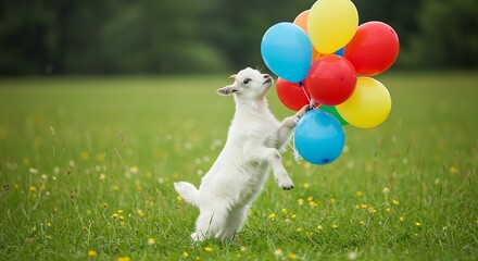 Happy dog jumping with colorful balloons outdoors on grass against a blurred background