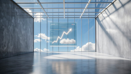 The ascending line graph of the glass screen panel on the floor of the concrete building