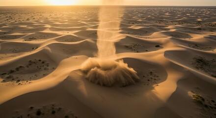 Golden sand dunes landscape aerial view with sunlight
