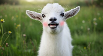 Happy lamb portrait in green field smiling with pink cheeks