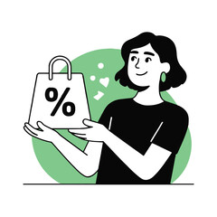 Vector art of a cheerful woman presents a shopping bag with a percentage sign, symbolizing discounts and special offers, a modern illustration