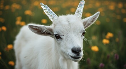 White goat in natural outdoor setting with wildflowers close up portrait photography