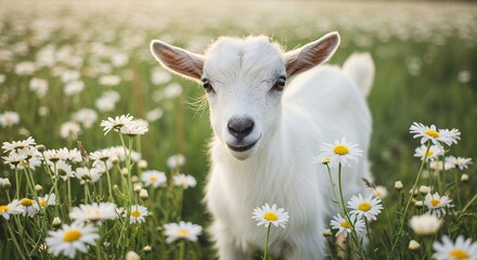 White goat kid in a meadow of daisies pastoral scene with sunlight and natural beauty