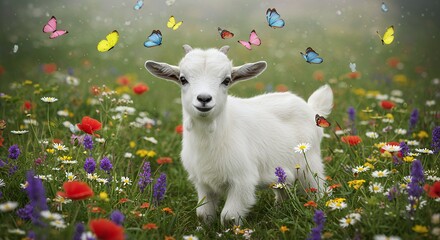 White goat in a vibrant meadow surrounded by colorful wildflowers and butterflies in nature