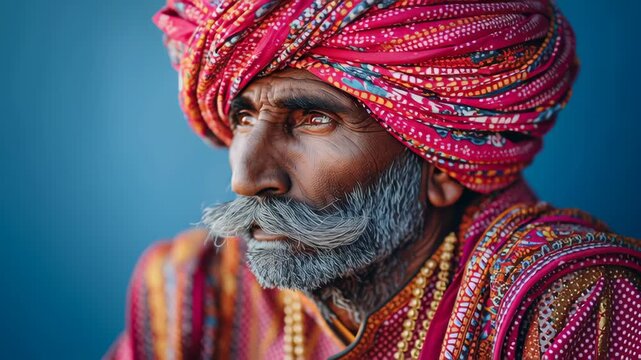 Elderly man with colorful traditional turban and patterned clothing shows deep wrinkles, thick mustache, and beard reflecting rich cultural heritage and wisdom vibrant cultural portrait with detailed