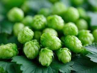 Obraz premium Close-Up Freshly Picked Green Hop Cones on Green Leaves