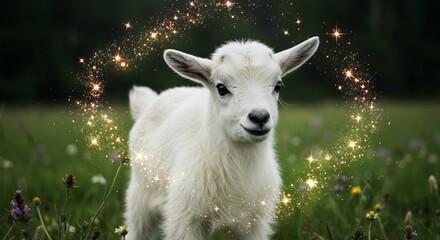 White goat portrait with glowing bokeh effect in natural outdoor setting