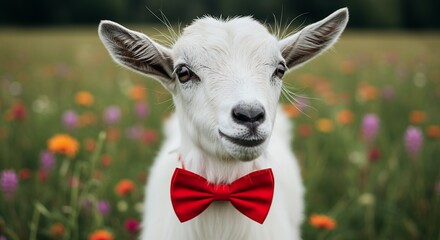 White goat with red bow tie standing in a colorful meadow springtime animal portrait