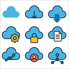Obraz premium Flat Cloud Computing Icons, Minimalist Digital Storage & Network Vector Set