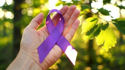 Hand Holding Purple Ribbon Against Bokeh Background for Mental Health Awareness and Support Showing Ribbon on Palm in Sunlight outdoors Against a Bokeh of Green Tree Leaves