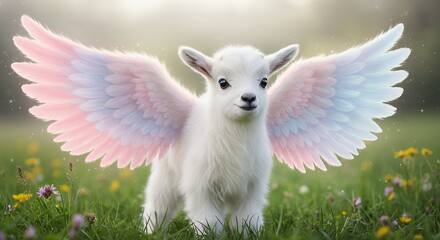 Winged lamb fantasy creature in a meadow with pastel wings