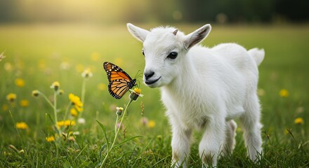 Young goat and butterfly in a field natures harmony and wildlife portrait