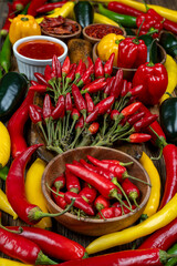Colorful chili peppers and bell peppers Variety in rustic cuisine