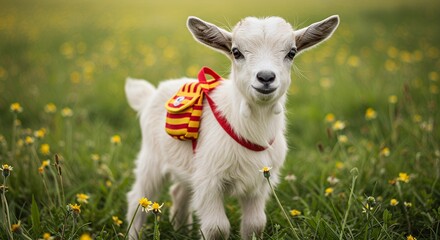 Young goat standing in a field with green grass and yellow flowers