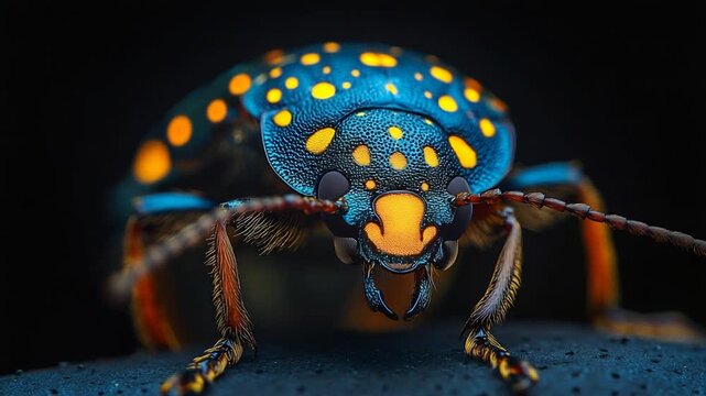 Extreme Macro Close Up of a Colorful Blue and Yellow Spotted Beetle.
