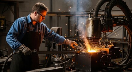 A male welder wearing safety glasses and gloves works on a metal project, sparks flying from the welding torch in a factory setting.