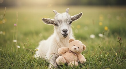 Young goat with teddy bear resting in a green meadow sunlight pastoral scene