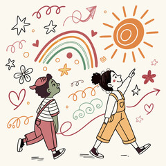 Kids line doodle scribble vector features scribble, stars, arrows, flowers, hearts, waves, spirals, rainbow, sun. Perfect for design, illustration, decoration, creativity, fun