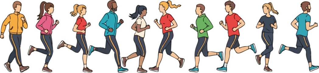 People running. Men and Women jogging. Marathon race concept. Sport and fitness design template with runners and athletes in flat style. Vector illustration.