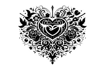 Ornate heart shape with birds guitars and roses love