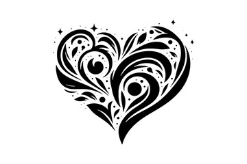 Ornate black heart shape with swirling floral elements and stars love white