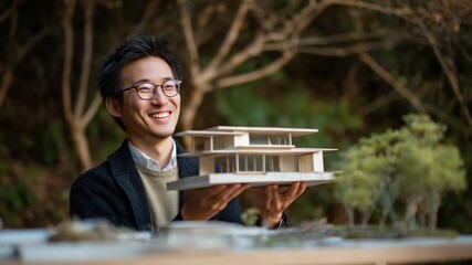 Architect's Vision: An architect showcases a meticulously crafted architectural model, highlighting his design expertise and passion for building innovation. - Powered by Adobe