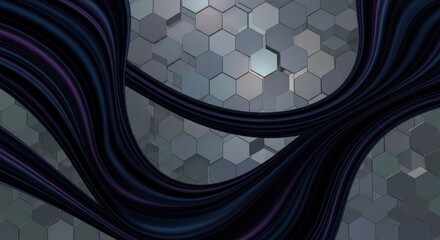 Dark flowing iridescent bands undulate across a textured background of numerous gray and silver hexagonal geometric shapes some appearing in relief