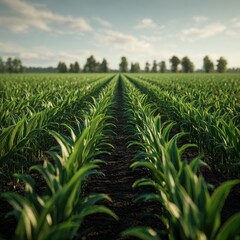 Fototapeta premium Lush green cornfield rows Ultra high quality, smooth details, soft lighting 8K resolution
