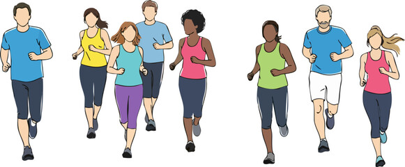 People running. Men and Women jogging. Marathon race concept. Sport and fitness design template with runners and athletes in flat style. Vector illustration.