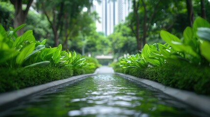 sustainability Water Management System A canal running through a city with green banks and pedestrian walkways, promoting water sensitive urban design.
