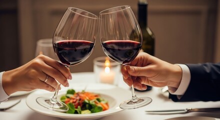 Obraz premium Couple toasting with wine glasses at a restaurant