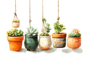 Watercolor succulents are displayed hanging from above in varying pots with a bright white background scene.