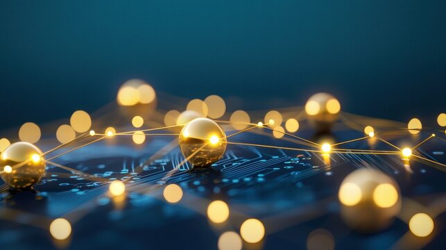 global Network Nodes Connection Close up of a circuit board with glowing nodes and data pathways, representing digital technology, information processing, and global data transfer.